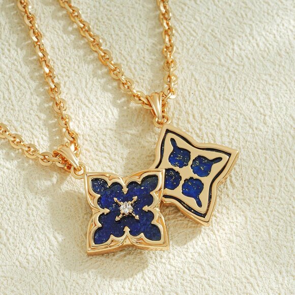 Gold Clover Necklace Women Dainty 14K Gold Dark Blue Pendant Adjustable Chain - Picture 7 of 7
